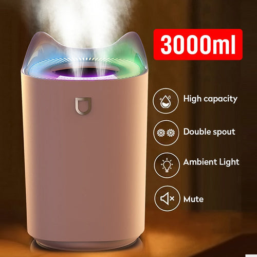 3L Cat‑Design Humidifier & Diffuser – Dual Nozzle with LED Light
