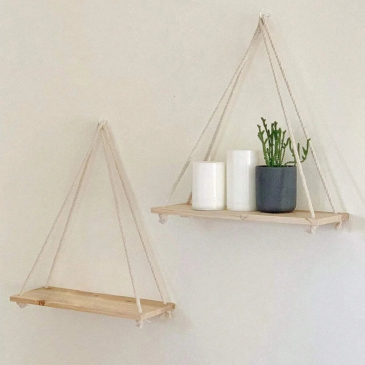 Wooden Hanging Shelf with Rope - Floating Wall Display for Plants & Decor