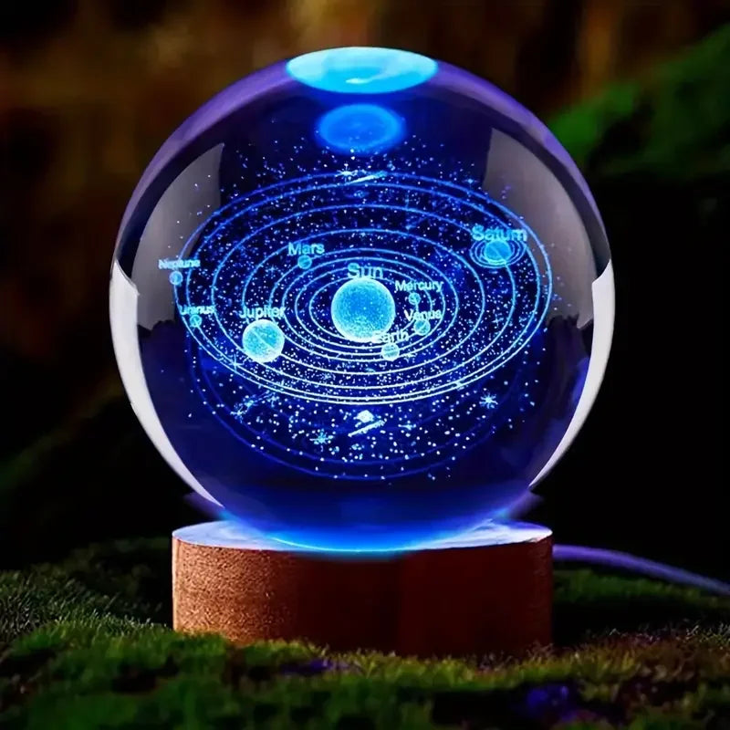 3D Crystal Solar System Ball - Laser Engraved Planet Globe with LED Light Base