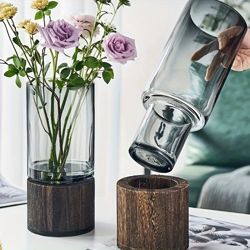 Elegant Glass Vase with Wooden Base - Modern Hydroponic Planter for Home Decor