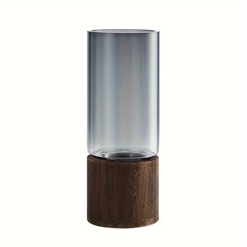 Elegant Glass Vase with Wooden Base - Modern Hydroponic Planter for Home Decor
