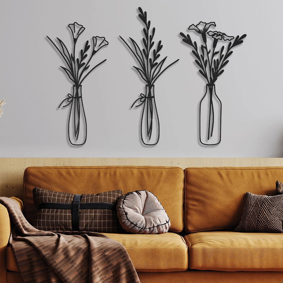 Metal Flowers in Vase Wall Decor - 3-Piece Set for Living Room & Bedroom