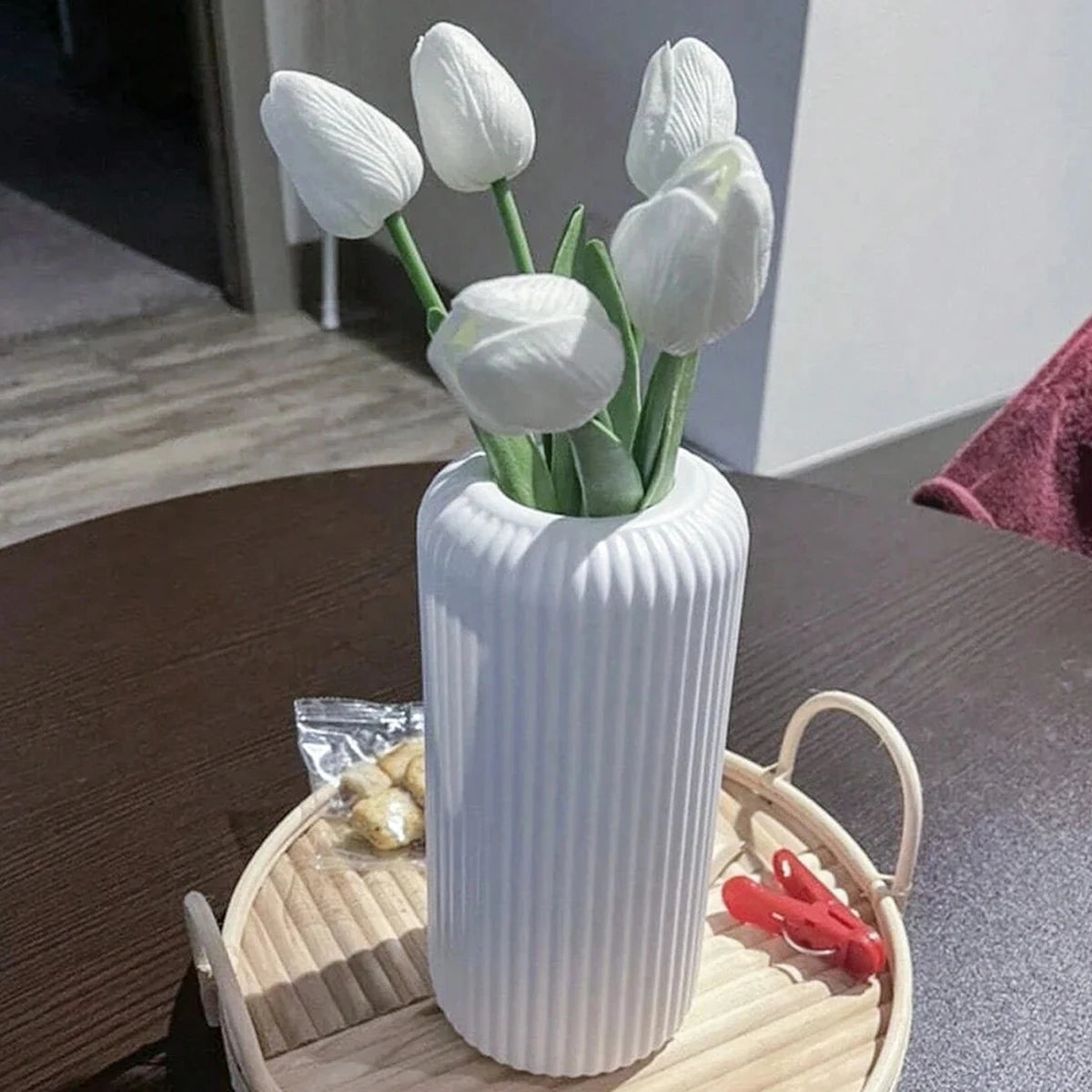 Striped Ceramic-Style Vase - Modern Decorative Flower Display