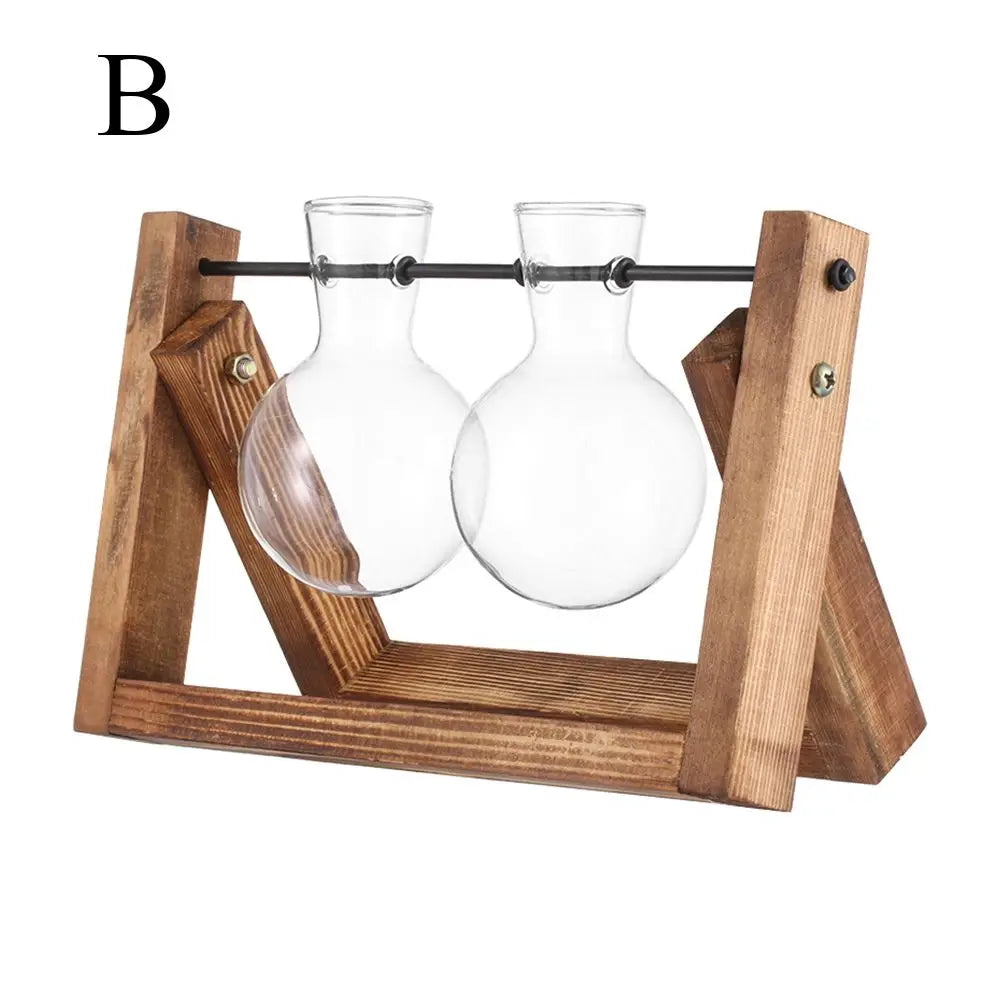 Glass Terrarium with Wooden Stand - Hydroponic Plant Vase Set