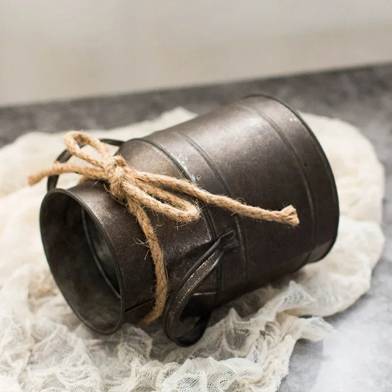 Vintage Rustic Metal Flower Bucket - Distressed Tin Planter with Rope Handle