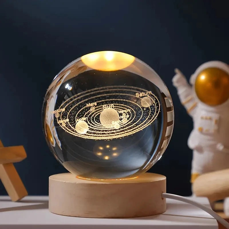 3D Crystal Solar System Ball - Laser Engraved Planet Globe with LED Light Base