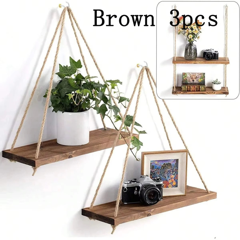 Wooden Hanging Shelf with Rope - Floating Wall Display for Plants & Decor