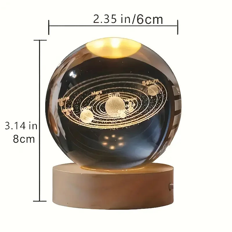 3D Crystal Solar System Ball - Laser Engraved Planet Globe with LED Light Base