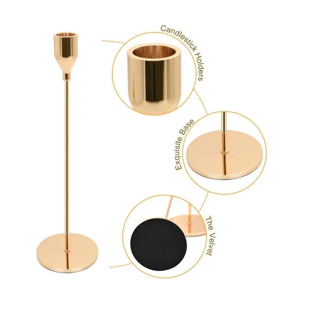Gold Metal Candle Holders Set of 3 - Modern Elegant Wedding & Home Decor
