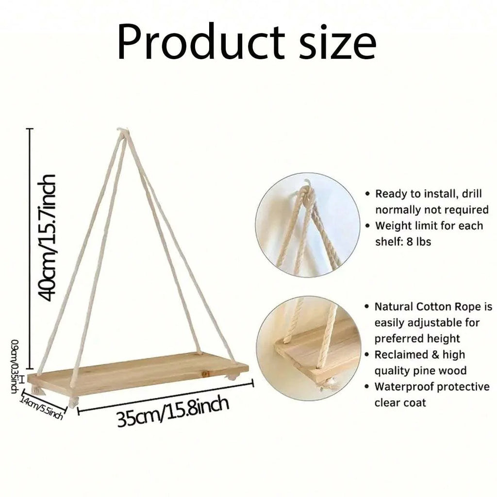 Wooden Hanging Shelf with Rope - Floating Wall Display for Plants & Decor