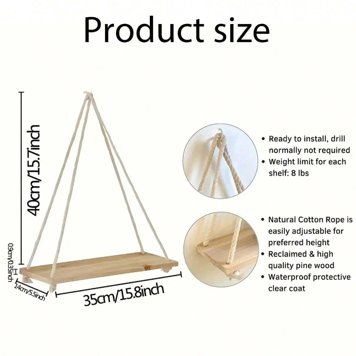 Wooden Hanging Shelf with Rope - Floating Wall Display for Plants & Decor