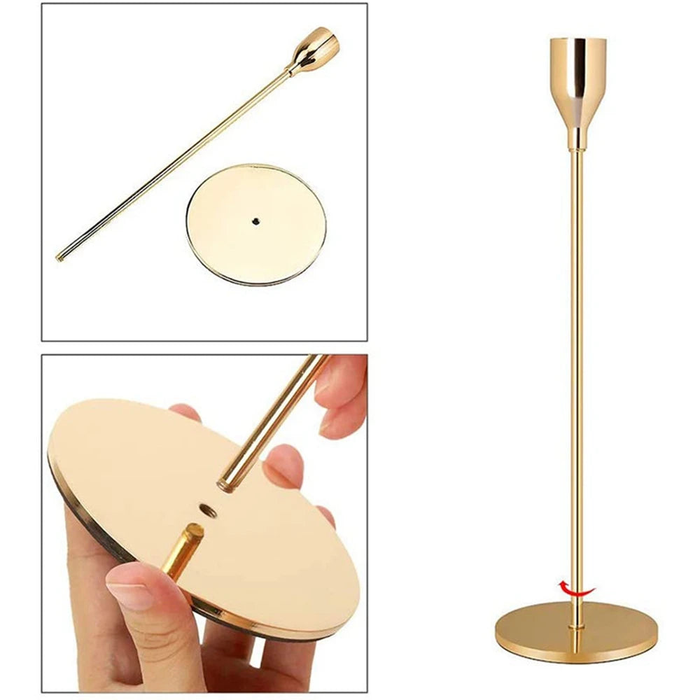 Gold Metal Candle Holders Set of 3 - Modern Elegant Wedding & Home Decor