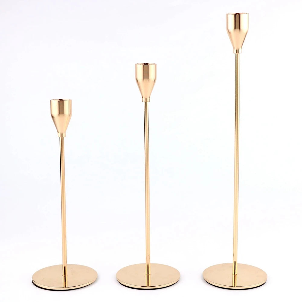 Gold Metal Candle Holders Set of 3 - Modern Elegant Wedding & Home Decor