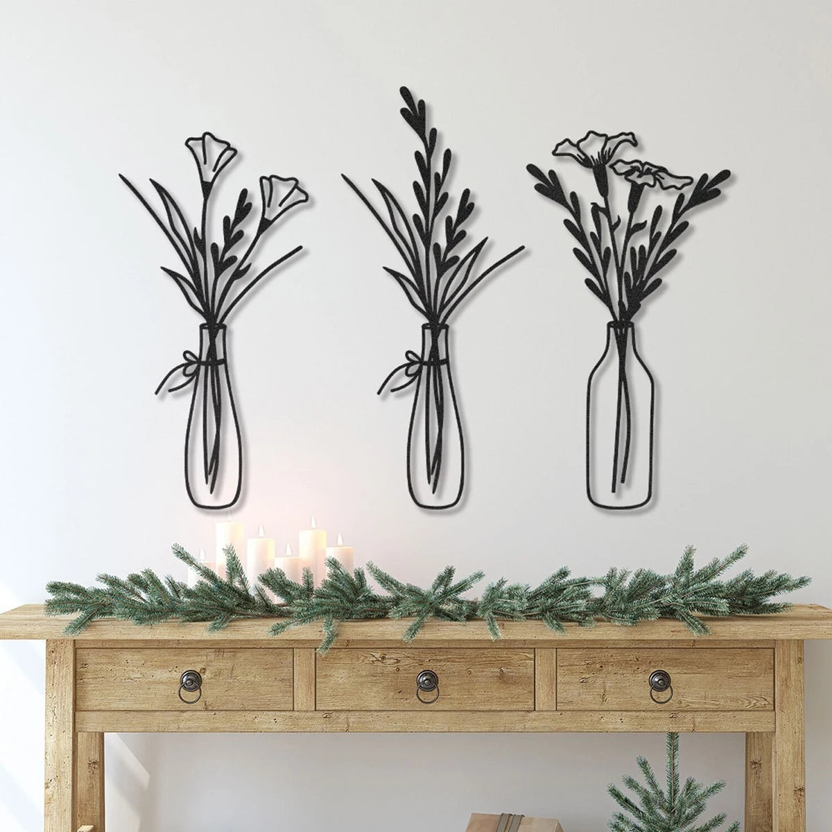 Metal Flowers in Vase Wall Decor - 3-Piece Set for Living Room & Bedroom
