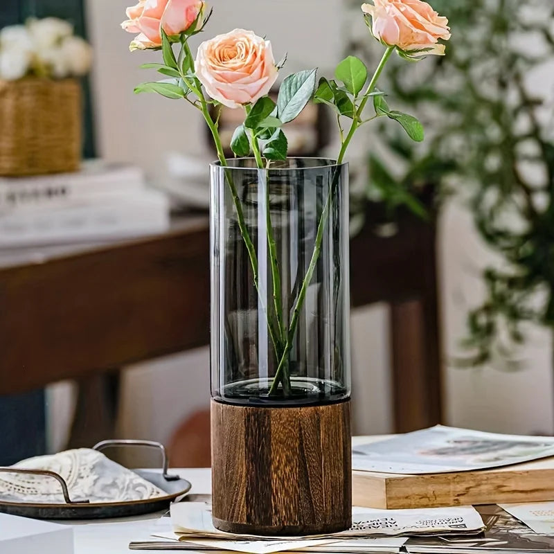 Elegant Glass Vase with Wooden Base - Modern Hydroponic Planter for Home Decor