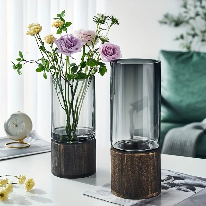 Elegant Glass Vase with Wooden Base - Modern Hydroponic Planter for Home Decor