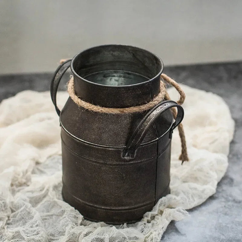 Vintage Rustic Metal Flower Bucket - Distressed Tin Planter with Rope Handle