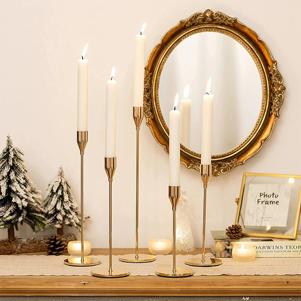 Gold Metal Candle Holders Set of 3 - Modern Elegant Wedding & Home Decor