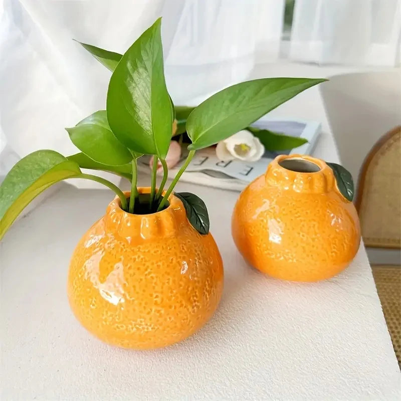 Orange Ceramic Vase - Modern Tabletop Planter for Hydroponics