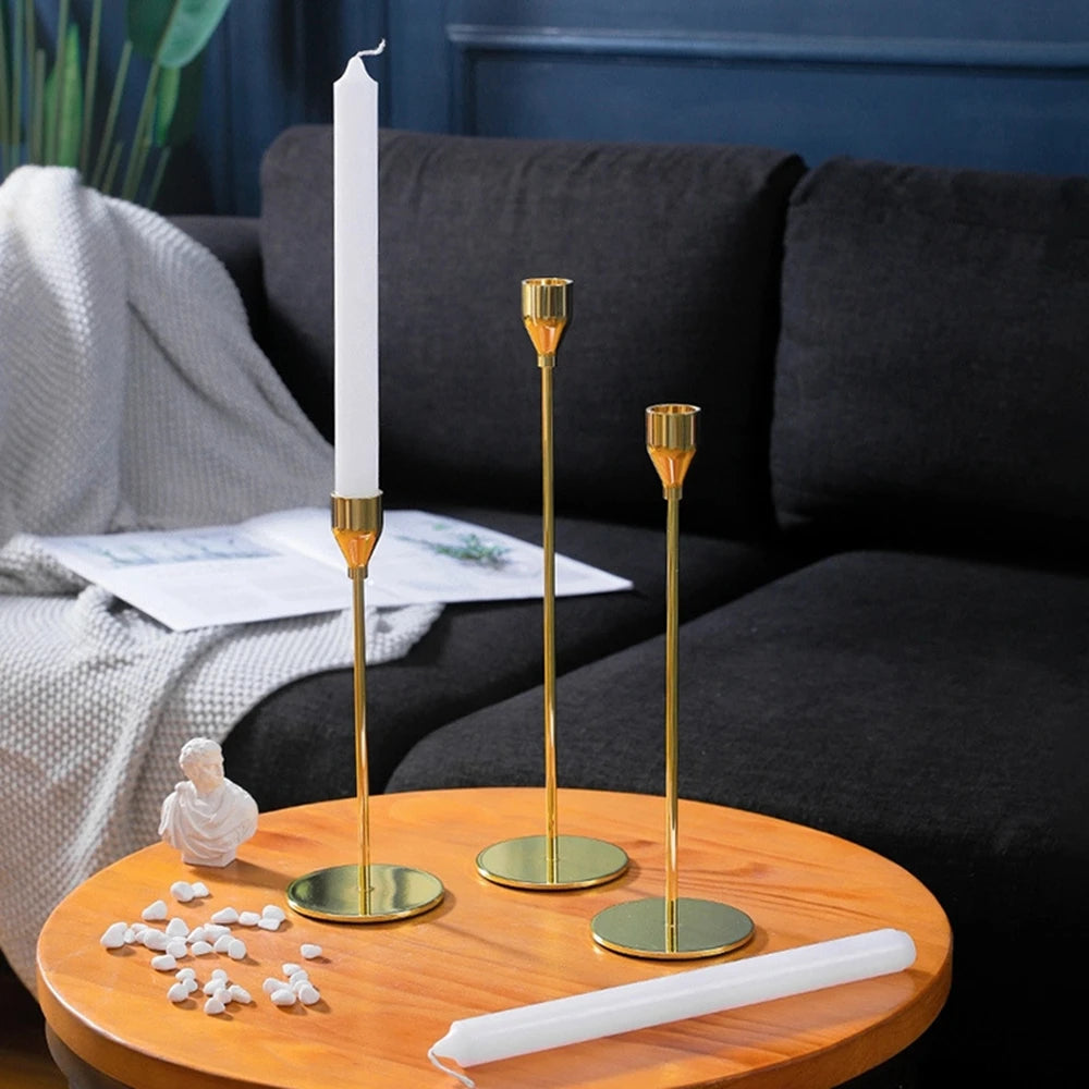 Gold Metal Candle Holders Set of 3 - Modern Elegant Wedding & Home Decor