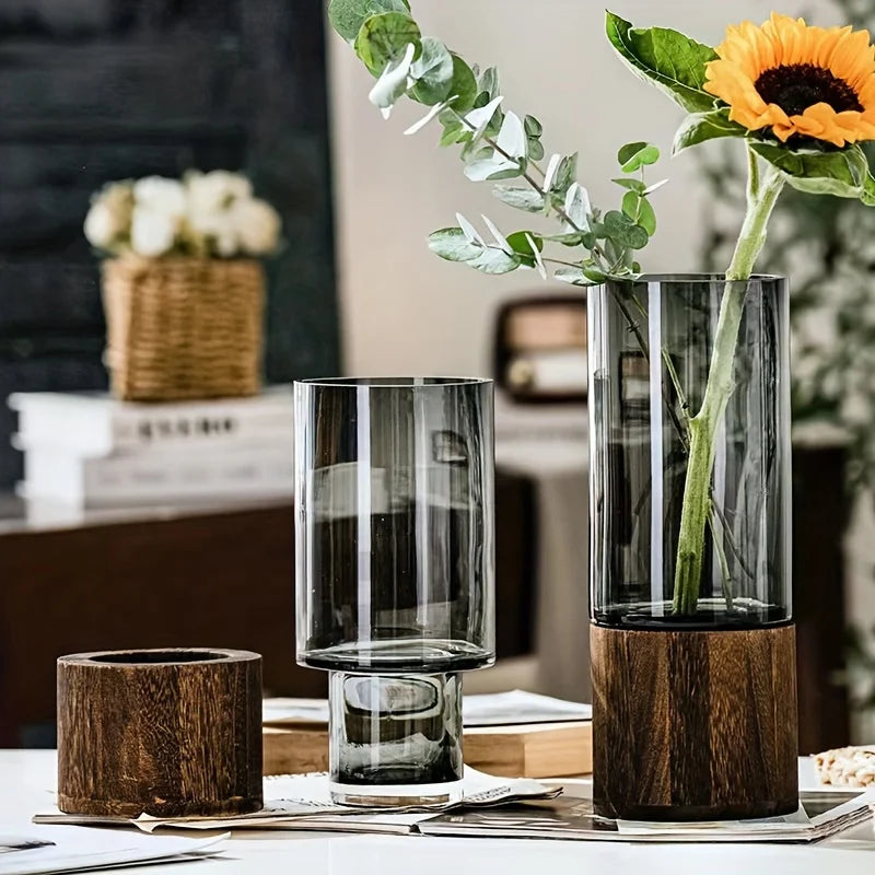 Elegant Glass Vase with Wooden Base - Modern Hydroponic Planter for Home Decor