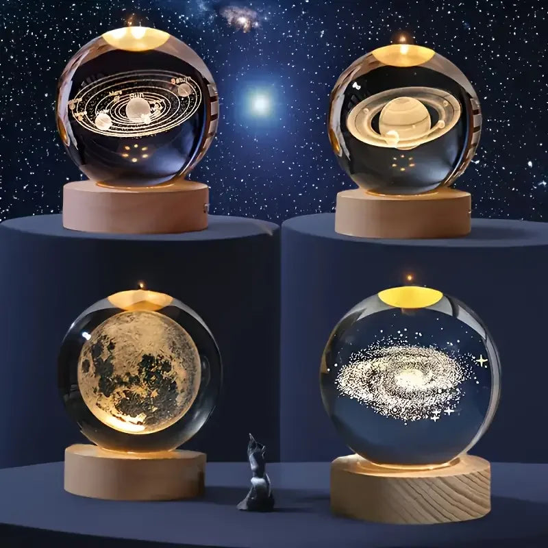 3D Crystal Solar System Ball - Laser Engraved Planet Globe with LED Light Base