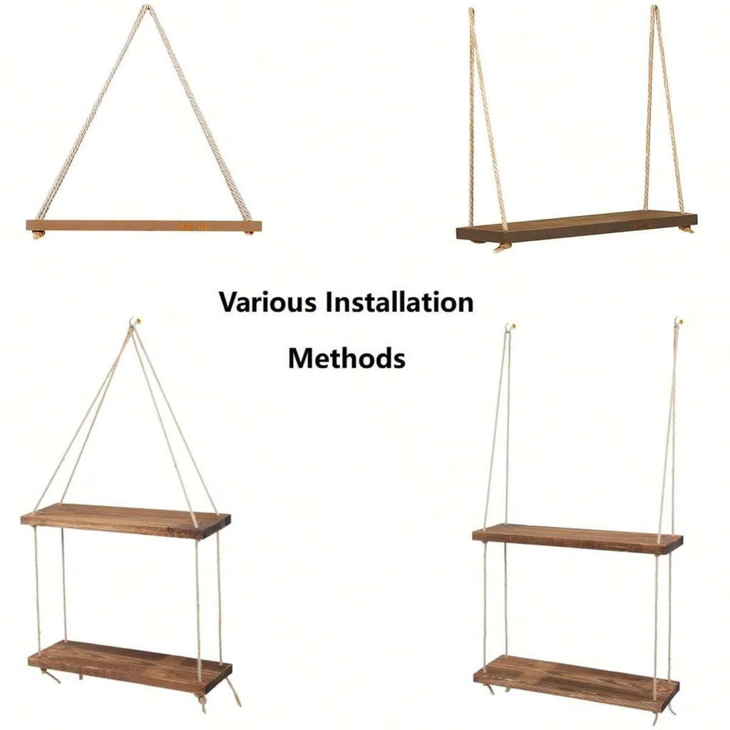 Wooden Hanging Shelf with Rope - Floating Wall Display for Plants & Decor