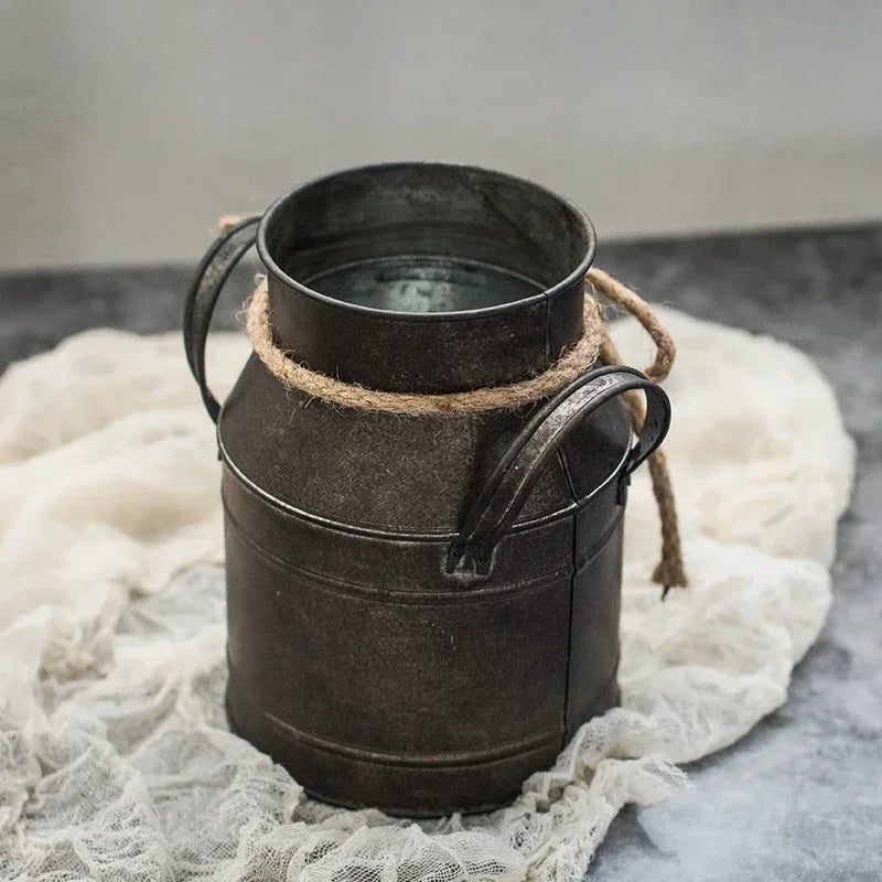 Vintage Rustic Metal Flower Bucket - Distressed Tin Planter with Rope Handle