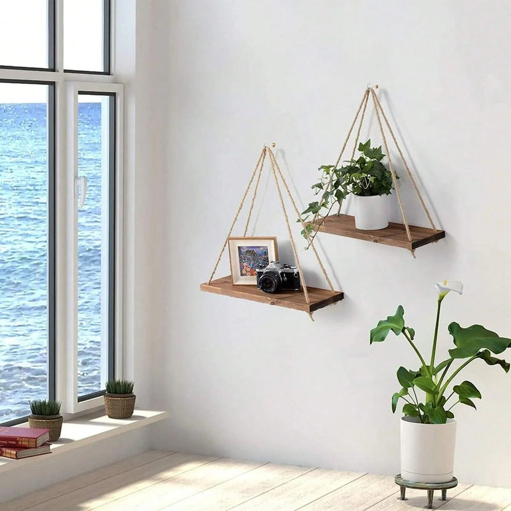 Wooden Hanging Shelf with Rope - Floating Wall Display for Plants & Decor