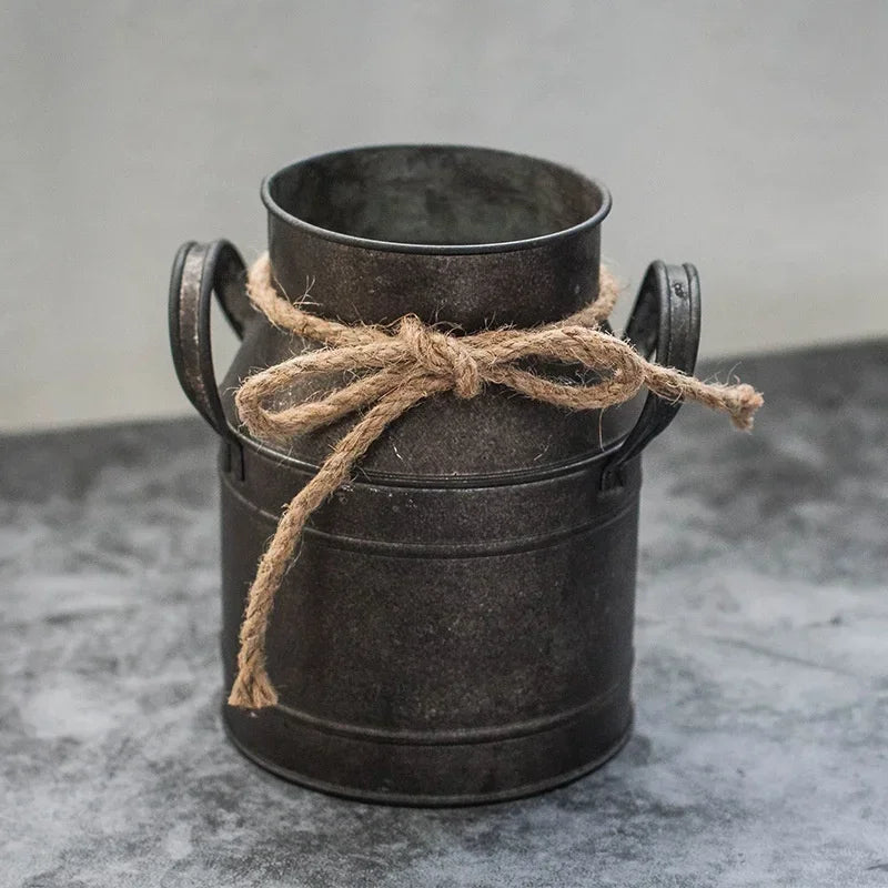 Vintage Rustic Metal Flower Bucket - Distressed Tin Planter with Rope Handle