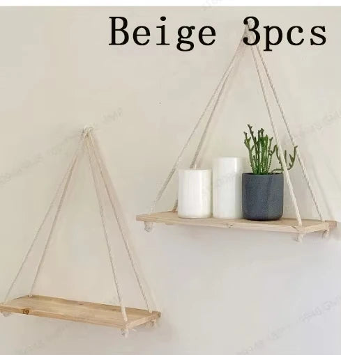 Wooden Hanging Shelf with Rope - Floating Wall Display for Plants & Decor