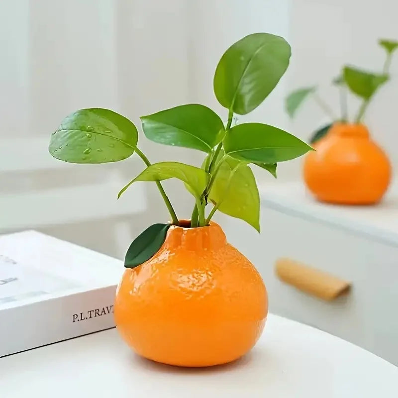 Orange Ceramic Vase - Modern Tabletop Planter for Hydroponics