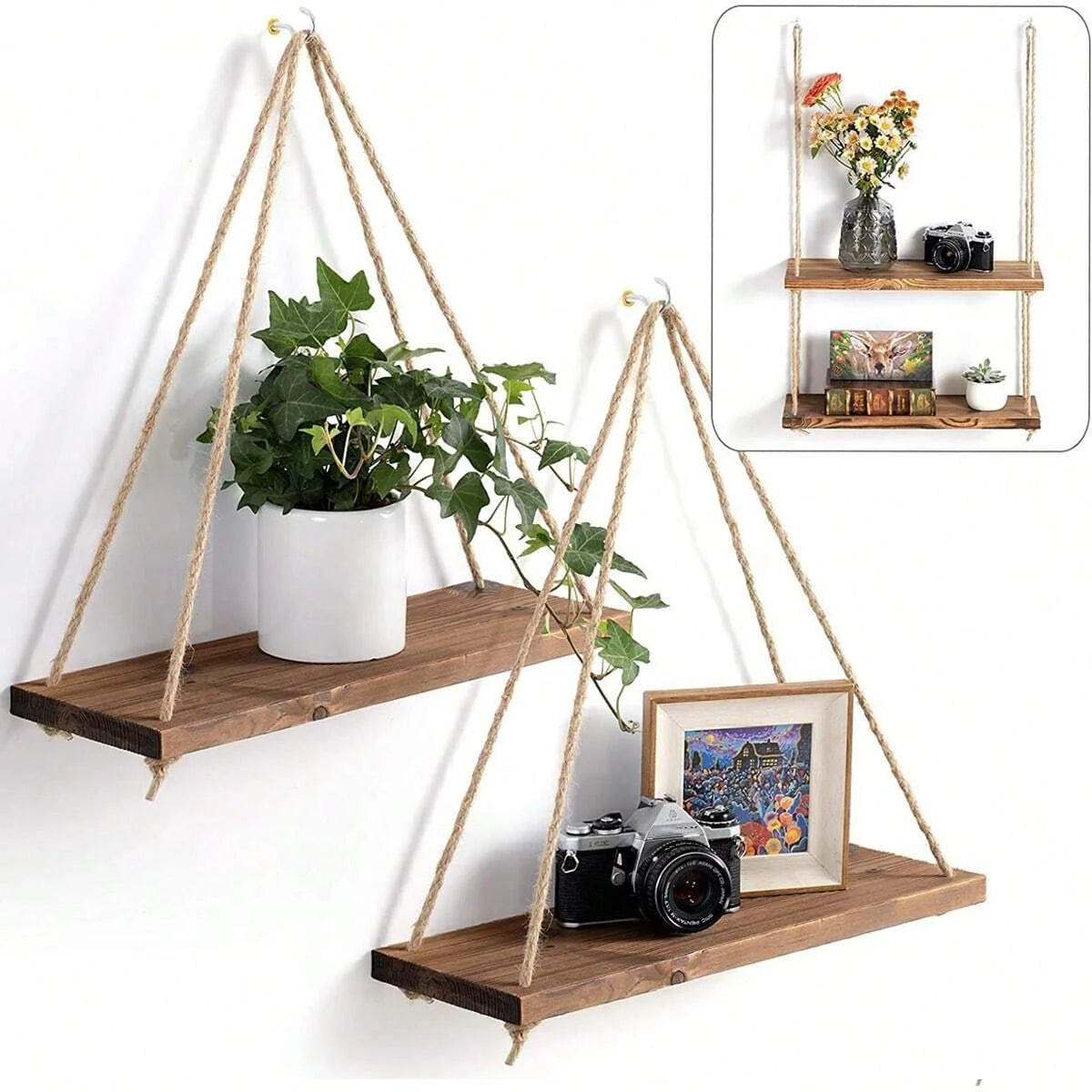 Wooden Hanging Shelf with Rope - Floating Wall Display for Plants & Decor