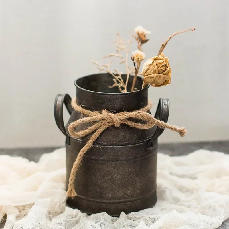 Vintage Rustic Metal Flower Bucket - Distressed Tin Planter with Rope Handle