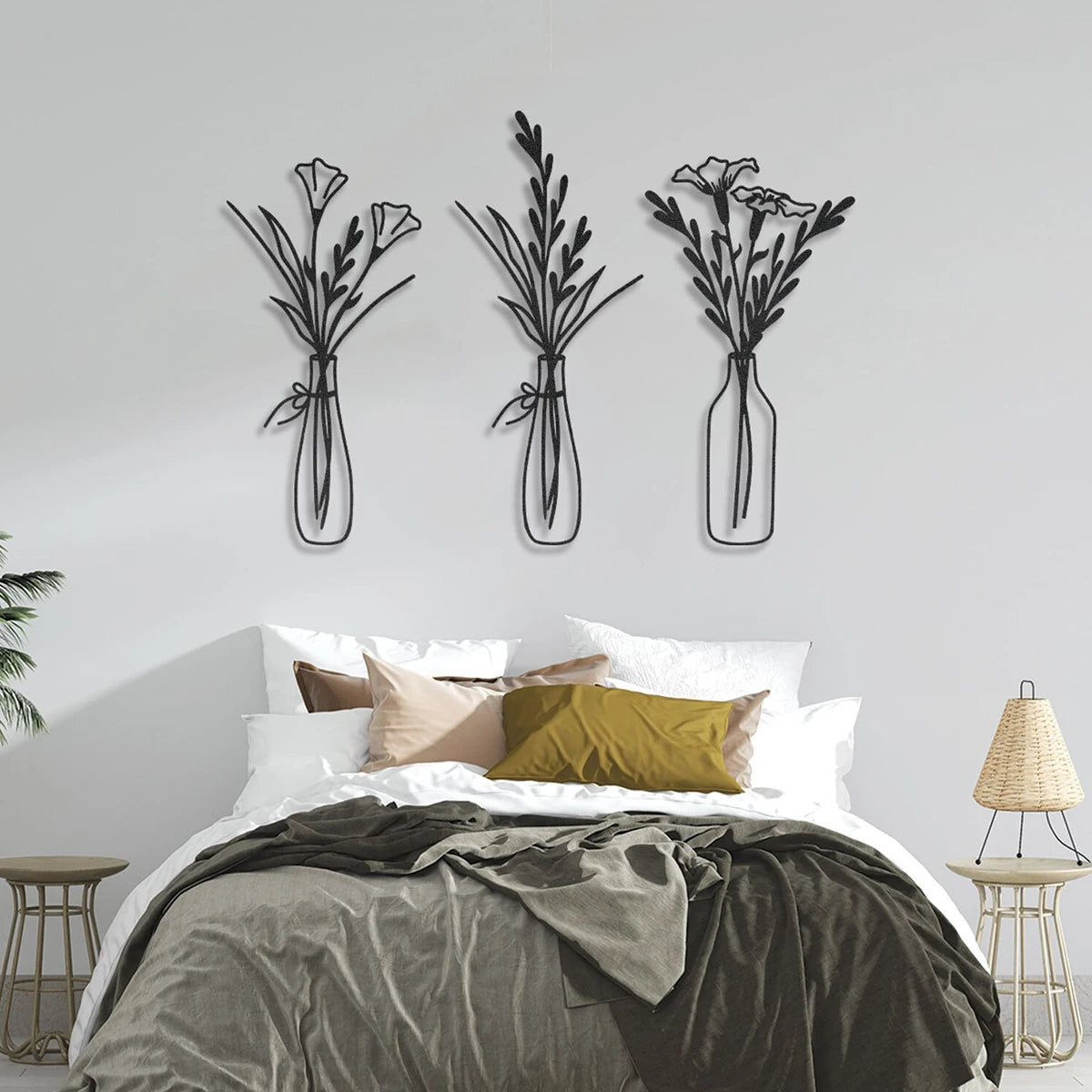 Metal Flowers in Vase Wall Decor - 3-Piece Set for Living Room & Bedroom