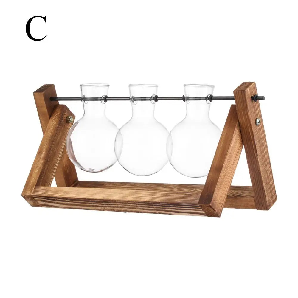 Glass Terrarium with Wooden Stand - Hydroponic Plant Vase Set