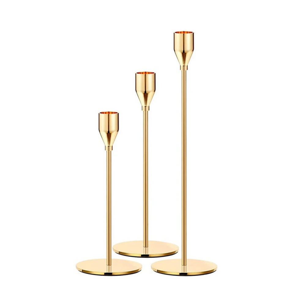 Gold Metal Candle Holders Set of 3 - Modern Elegant Wedding & Home Decor