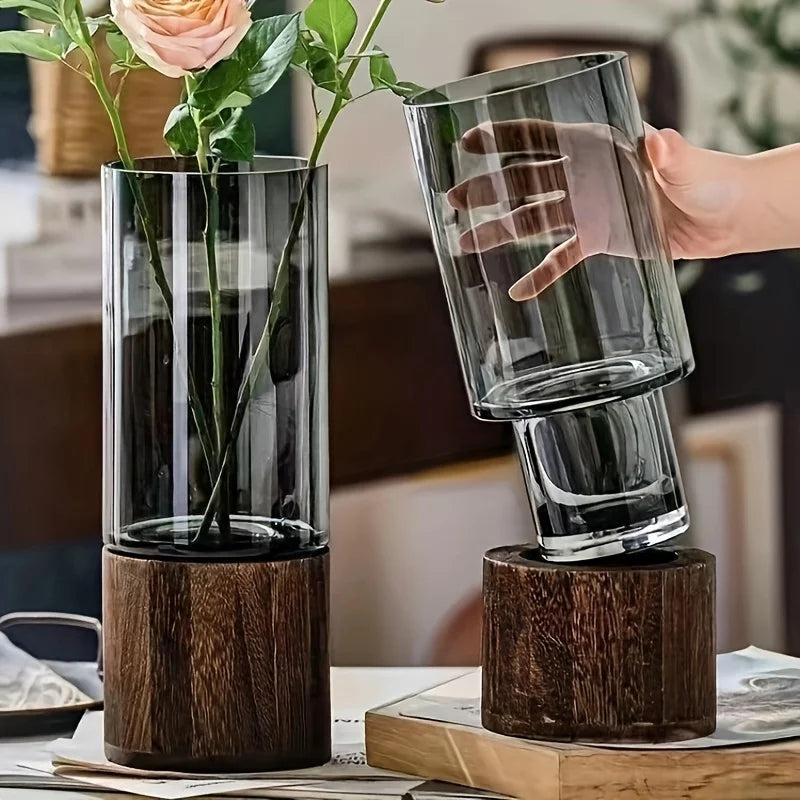 Elegant Glass Vase with Wooden Base - Modern Hydroponic Planter for Home Decor