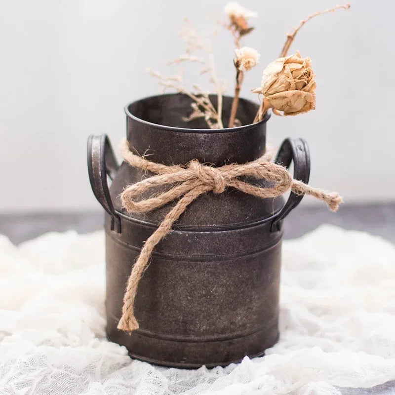 Vintage Rustic Metal Flower Bucket - Distressed Tin Planter with Rope Handle