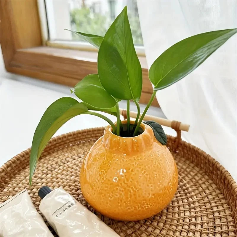 Orange Ceramic Vase - Modern Tabletop Planter for Hydroponics