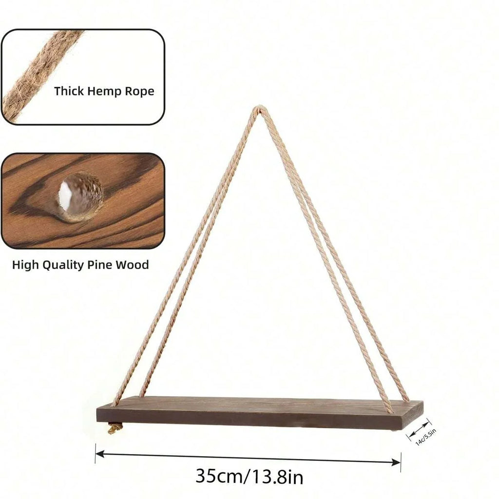 Wooden Hanging Shelf with Rope - Floating Wall Display for Plants & Decor