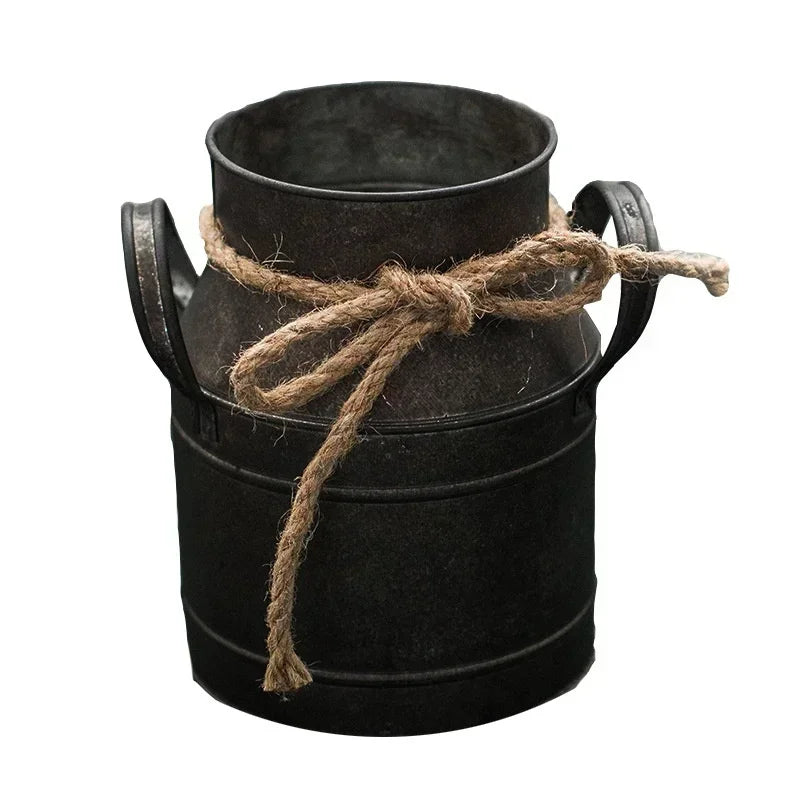 Vintage Rustic Metal Flower Bucket - Distressed Tin Planter with Rope Handle