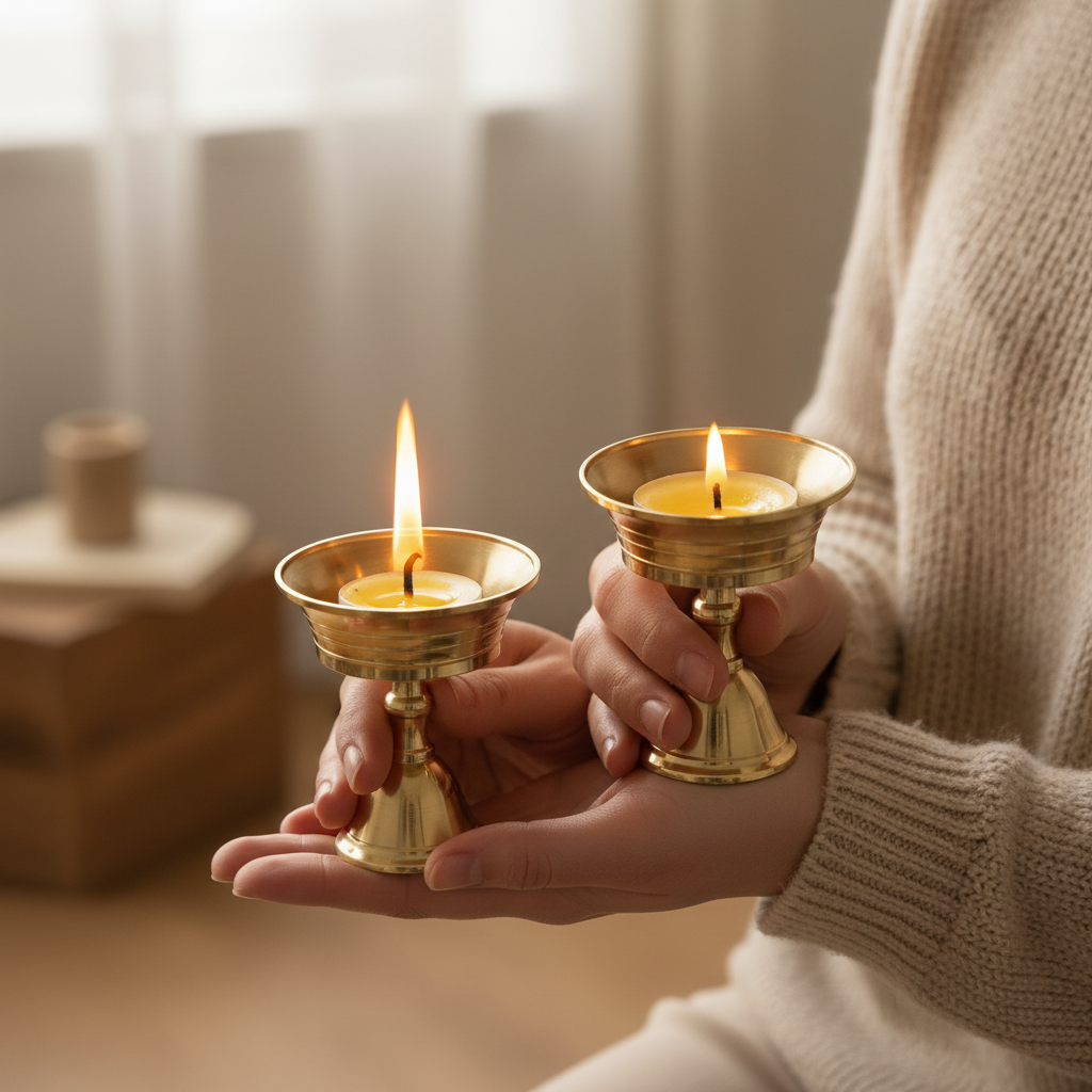 Brass Candle Holder - Lifestyle with Person